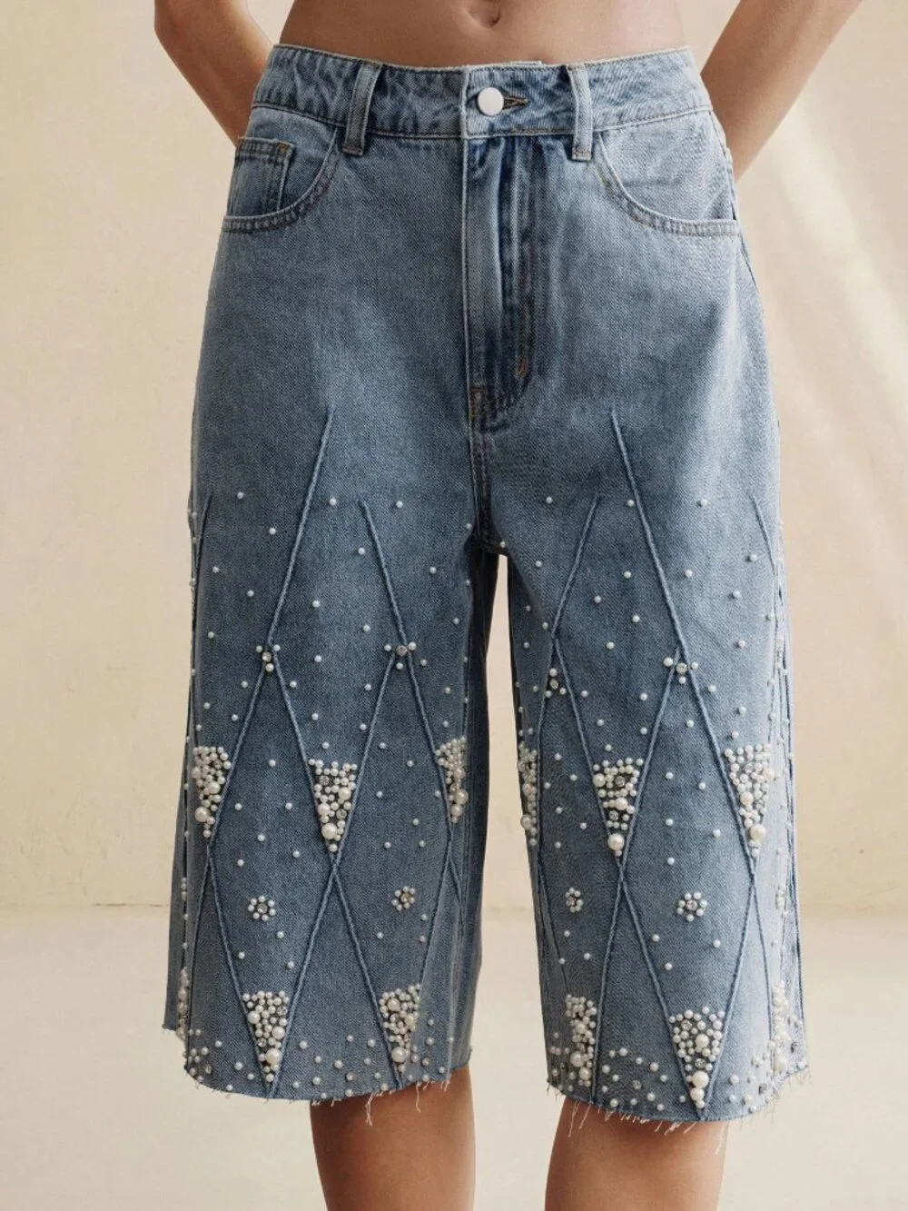 Blue Party Women's Embellished Pearl Decor Straight Leg Jeans
